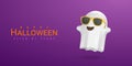 Happy Halloween creative banner. Cute cartoon 3d Halloween ghost with yellow sunglasses. Halloween concept. Vector illustration Royalty Free Stock Photo