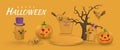 Happy Halloween creative banner. Cute cartoon 3d Halloween pumpkin, ghost, tombstone, bat and spider. Halloween concept. Vector