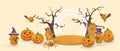 Happy Halloween creative banner. Cute cartoon 3d Halloween pumpkin, ghost, tombstone, bat and spider. Halloween concept. Vector Royalty Free Stock Photo