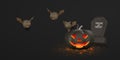 Happy Halloween creative banner. Cute cartoon 3d Halloween pumpkin, tombstone, bat. Halloween concept. Vector illustration Royalty Free Stock Photo