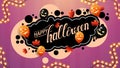 Happy Halloween, creative greeting pink postcard with graffiti style. Template with bubbles, autumn leafs, Halloween balloons