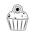 Happy halloween, creepy sweet cupcake with eye trick or treat celebration line icon style