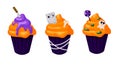 Happy Halloween cupcakes set in cartoon style. Spooky decorated muffins, scary sweets. Vector illustration isolated on a Royalty Free Stock Photo