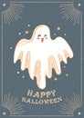 Happy halloween. Cute baby ghost. Trick or treat. night, stars. In cartoon style. vintage lettering. For posters Royalty Free Stock Photo