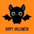 Happy Halloween. Cute bat flying black silhouette icon. Cartoon funny baby character with big open wing, eyes, ears. Forest animal Royalty Free Stock Photo