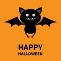 Happy Halloween. Cute bat flying silhouette icon. Cartoon funny baby character with big open wing, eyes, ears. Forest animal. Flat Royalty Free Stock Photo