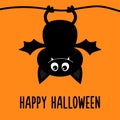 Happy Halloween. Cute bat hanging. Cartoon kawaii funny baby animal charater. Black silhouette. Greeting card. Flat design. Orange Royalty Free Stock Photo