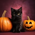 Happy Halloween, cute black cat with pumpkin Jack-o-Lantern pumpkin Royalty Free Stock Photo