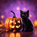 Happy Halloween, cute black cat with pumpkin Jack-o-Lantern pumpkin Royalty Free Stock Photo