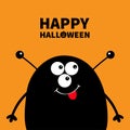 Happy Halloween. Cute black silhouette monster face icon. Cartoon colorful scary funny character. Eyes, ears antenna, mouth, tongu