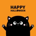 Happy Halloween. Cute cat face head holding hands up. Boo. Cartoon character. Kawaii baby animal. Notebook cover, tshirt, greeting