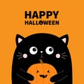 Happy Halloween. Cute cat face head holding pumpkin. Cartoon character. Kawaii baby animal. Boo. Notebook cover, tshirt, greeting