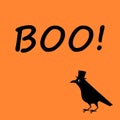 Happy Halloween. Cute crow. Vector illustration, greeting card. Black and orange colors. Royalty Free Stock Photo