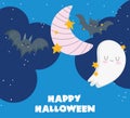 Happy halloween, cute ghost bats moon sky stars night trick or treat party celebration