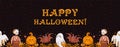 Happy Halloween. Cute ghosts, a skeleton, a pumpkin and a bat are caroling. Cartoon style. Horizontal seamless border Royalty Free Stock Photo