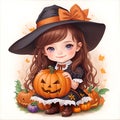 Happy Halloween. Cute girl witch. Beautiful little witch cartoon character. Halloween witch costume with pumpkins and on white Royalty Free Stock Photo