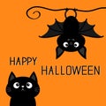 Happy Halloween. Cute hanging bat. Black cat kitten kitty looking up. Cartoon kawaii funny baby animal charater. Greeting card. Royalty Free Stock Photo