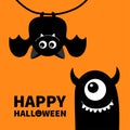 Happy Halloween. Cute hanging bat. Monster face with fang, horns. Cartoon kawaii funny baby character set. Black silhouette icon. Royalty Free Stock Photo