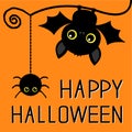 Happy Halloween. Cute hanging bat, spider on dash line web. Cartoon kawaii funnychildish baby animal charater set. Greeting card. Royalty Free Stock Photo