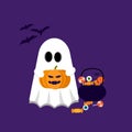 Happy Halloween, cute little ghost cartoon character, scary spooky white ghost holding orange pumpkin with candy in pot, Autumn ho