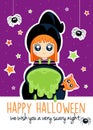 Happy Halloween - Cute little witch, cat and spiders - party invitation Royalty Free Stock Photo