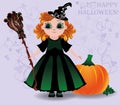 Happy Halloween. Cute little witch and pumpkin background