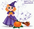 Happy Halloween. Cute little witch and pumpkin card