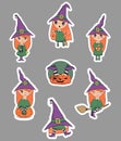 Happy halloween. Cute little witch stickers pack. Vector illustration.