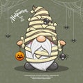 Happy Halloween With Cute Mummy Gnome On Seamless Background, Cute Cartoon Illustration