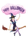 Happy Halloween, cute witch flying on broom, on white background