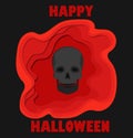 Happy halloween 3d abstract paper cut illlustration of black skull and pool of blood. Vector template carving style