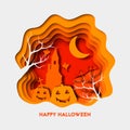 Happy halloween 3d abstract paper cut illlustration with pumpkin, house, cementry. Vector colorful template Royalty Free Stock Photo