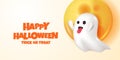 Happy halloween 3d cute emoji ghost with moon with white background