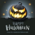 Happy Halloween. 3D illustration of cute glowing Jack O Lantern black pumpkin character with big greeting signboard on black