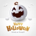 Happy Halloween. 3D illustration of cute Jack O Lantern white pumpkin character with big greeting signboard on white background