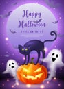 Happy halloween 3D realistic scary jack lantern black cat spirit ghost with purple tone full moon background Royalty Free Stock Photo