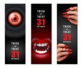 Happy halloween 3D realistic scary bloodshot eyeball vmapire fang and bloody hand banner set