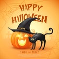 Happy halloween 3D realistic scary jack lantern with witch hat and black cat Royalty Free Stock Photo