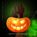 Happy halloween 3D realistic scary jack lantern and zombie hand scratch on the wall spider web green poison smoke