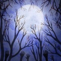 Happy Halloween dark Watercolor Background with fool moon, trees and scary hands