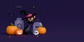 Happy Halloween day banner, Black cat with grave, Jack O Lantern pumpkins, spider and cute bat Royalty Free Stock Photo