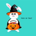 Cute cartoon white rabbit in witch suit.