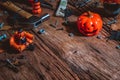 Happy Halloween day with construction DIY handy tools on rusty wooden background concept with copy space