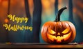 Happy Halloween day greeting card with Jack o Lantern pumpkin on a blurred forest background.