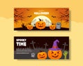 Happy Halloween Day Horizontal Banner Flat Cartoon Hand Drawn Templates Background Illustration Royalty Free Stock Photo