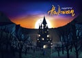 Happy halloween day poster, card, invitation, ghost castle in the dark forest, wasteland fantasy, cat on the road under lamp light Royalty Free Stock Photo