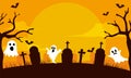 happy halloween day poster with pumpkin, ghost and grave background. Full moon in orange sky night scary. vector illustration in Royalty Free Stock Photo