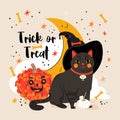 Happy Halloween Day vector Card. Cute Black cat on witch hat and smile pumpkin. Trick or treat flat illustration Royalty Free Stock Photo