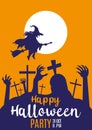 Happy halloween design with cemetery, grave, witch, zombie hands, moon, tree and bat scary. Orange silhouette over yellow Royalty Free Stock Photo