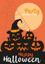 Happy halloween design with silhouette of cemetery with pumpkins over orange background. Halloween party vector illustration. Moon Royalty Free Stock Photo